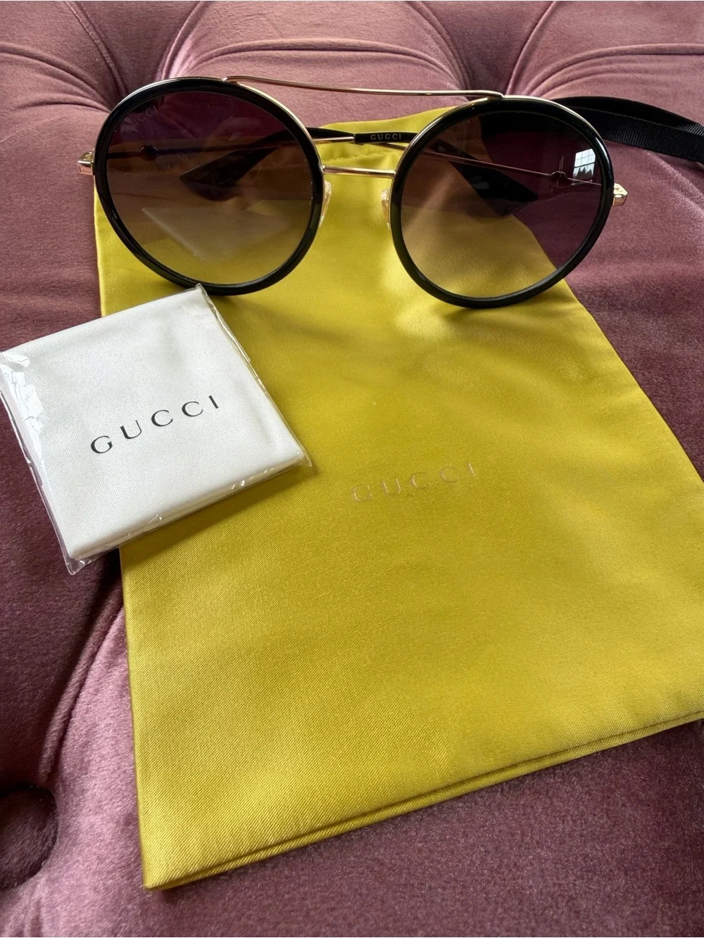 Gucci Round Sunglasses - Black/Gold with Gradient Purple Lenses - BRAND NEW